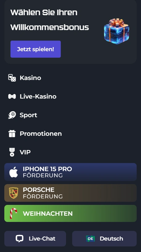 Winsane Casino Mobiles Menu