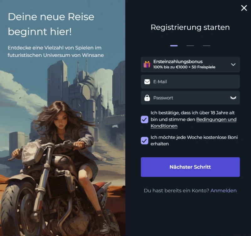 Winsane Casino Registrierungsprozess Schritt 1
